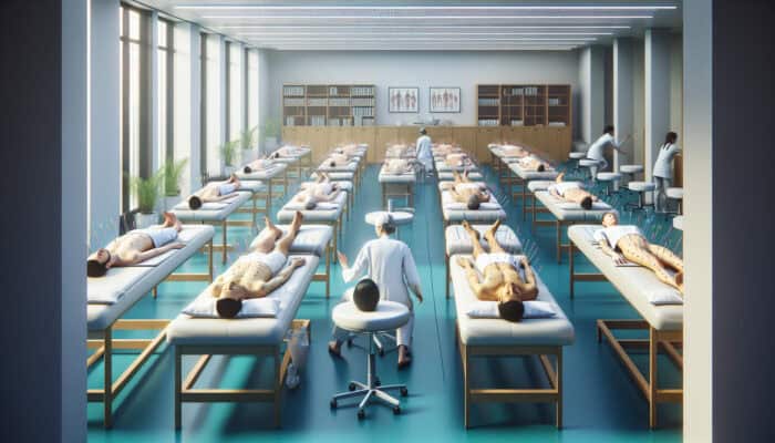 A serene UK clinic room with patients on acupuncture tables, showing relaxation and mental clarity.