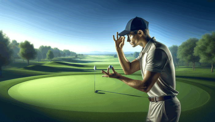 Golfer using expert strategies for focus on a serene green course with blue sky and distant trees.