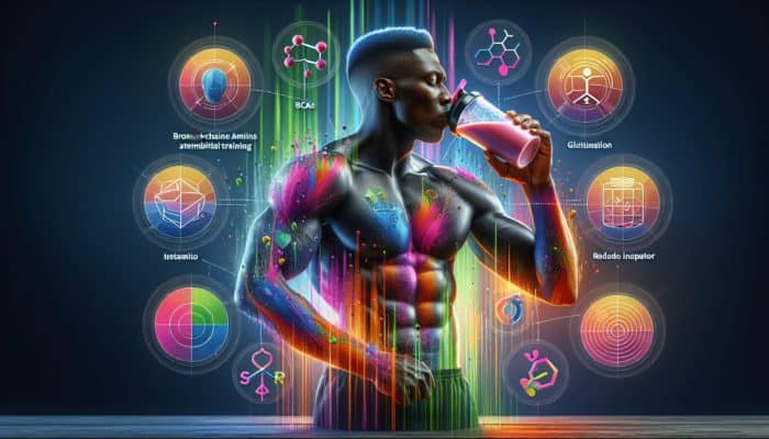 Athlete drinking a colourful supplement shake post-HIIT, with BCAAs, glutamine, and antioxidants aiding muscle repair and reducing inflammation.