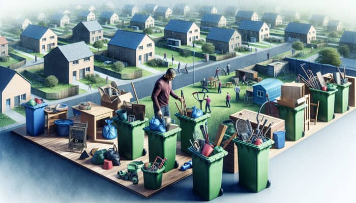 A homeowner in Edinburgh sorts shed items for recycling and donation, promoting sustainable clearance in a green community.