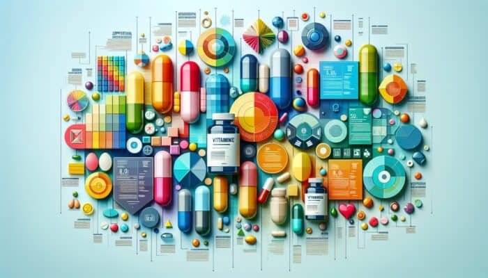 Dynamic infographic offering tips on creating supplement-centric content, featuring various vitamins and capsules.