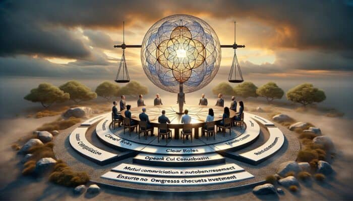 An infographic illustrating experts collaborating with clear roles, mutual respect, and open communication.