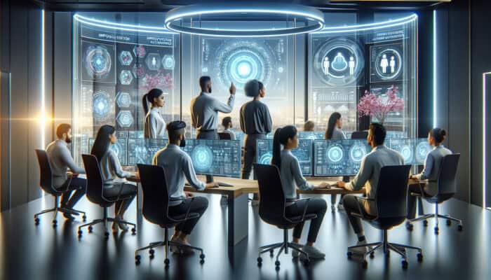 Diverse team of human virtual analysts in a tech office, analysing data indicating decreased churn and increased customer satisfaction.