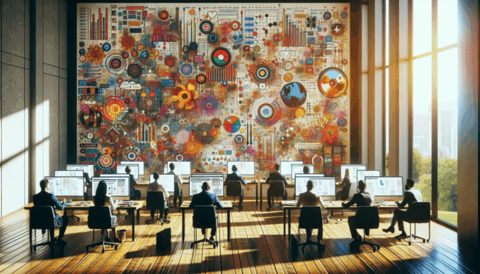 Comfortable office environment in Chard with small business owners and web development specialists, featuring modern computers and vibrant web design posters.