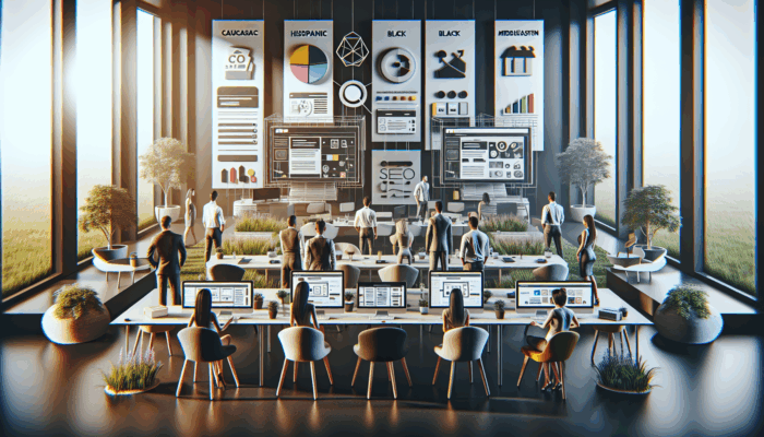 Contemporary web design studio in Chard with responsive mobile layouts and SEO analytics, featuring local business owners collaborating.