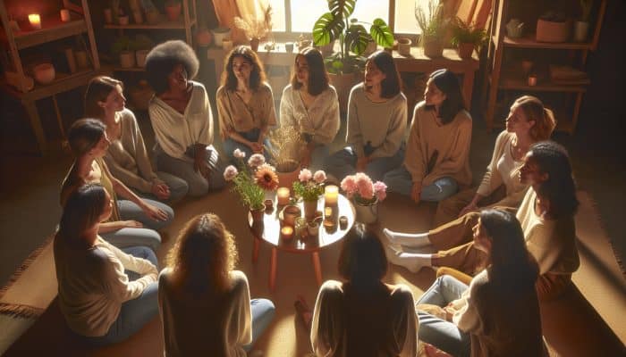 A diverse group of women in a supportive circle at a community workshop, sharing experiences and coping strategies.