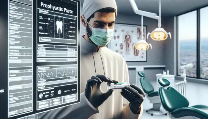 A UK dentist selects prophylaxis paste, considering patient sensitivity, stains, fluoride, flavour, and allergies in a modern office.