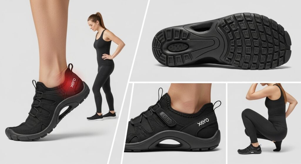 A collage of images showcases a woman in black athletic wear and Xero Shoes standing and squatting, close-ups of the shoes from the side and bottom, and a red highlight on her ankle, emphasising improved posture in one image.