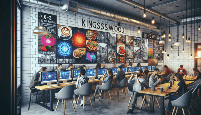 A busy Kingswood café with social media graphics, customers photographing meals, and screens showing online engagement.
