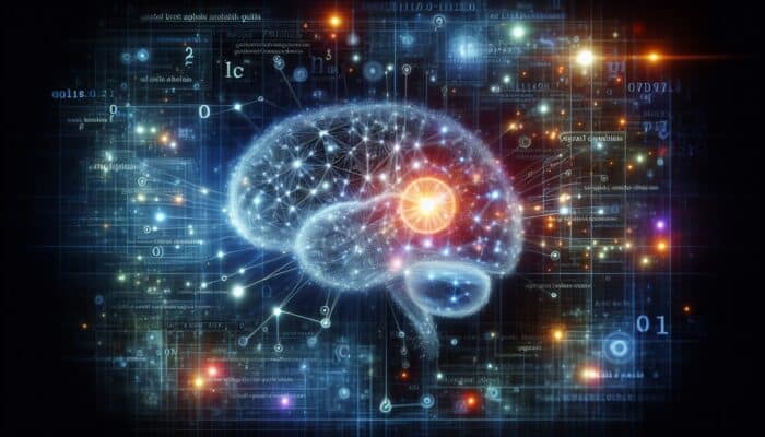 How to Optimize for Google’s BERT Algorithm: A futuristic digital brain with glowing neural networks, symbolizing BERT's advanced language comprehension, against interconnected search queries and precise results.