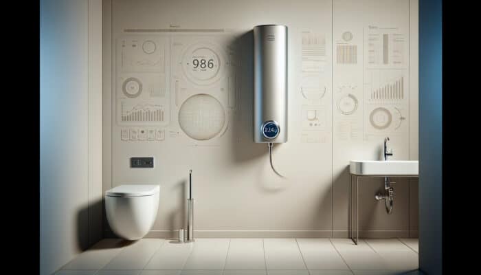 Water Heater Services in West Vancouver: A modern bathroom featuring a sleek, wall-mounted tankless water heater with a digital interface.