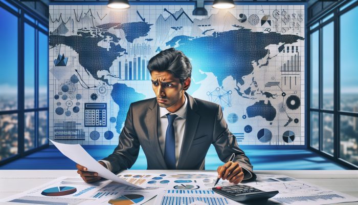 A person reviewing financial documents with charts, looking concerned in an office with a calculator and pen.