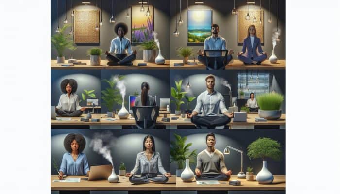 Workplace Mindfulness Programs: Diverse employees practicing mindfulness in a serene office, surrounded by symbols of peace and productivity.