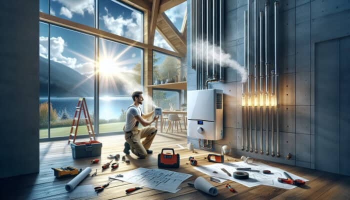 A technician installs a tankless water heater in a modern Chilliwack home, surrounded by tools, blueprints, and scenic mountains with rising steam.