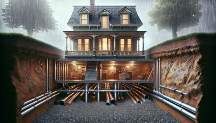 Cross-section of a crawl space under a Victorian house in rainy Vancouver, showcasing pipes and gravel diverting water to prevent moisture buildup.