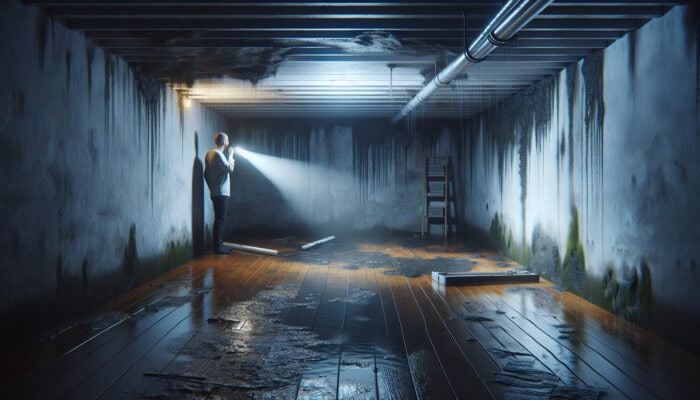 Dimly lit Canadian basement during rainy season, showing warped flooring, black mould on damp walls, and water stains on the ceiling, with a homeowner using a flashlight.