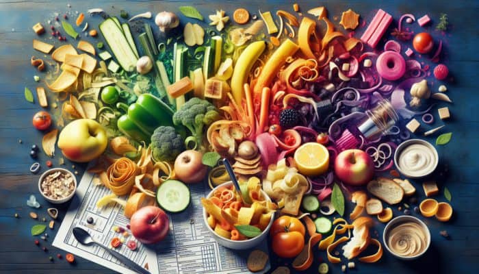 A lively kitchen displaying food scraps transformed into delicious upcycled dishes.