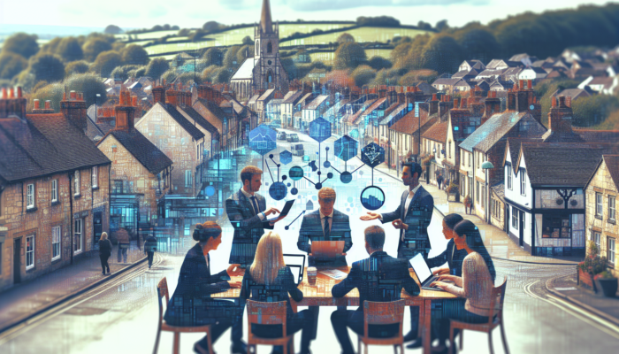 Experts discussing SEO strategies for small e-commerce in Nailsworth, surrounded by laptops, analytics charts, and historic cottages.