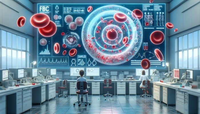 FBC Test In Crawley: A medical illustration of a FBC test in a modern Crawley lab, showing magnified red blood cells, white blood cells, hemoglobin, and platelets under a microscope for early disease detection.