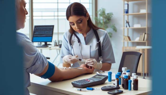 Diabetes Blood Test in York: Close-up of a healthcare professional drawing blood for a diabetes test in a modern York clinic, with glucose meters, vials, and charts visible.