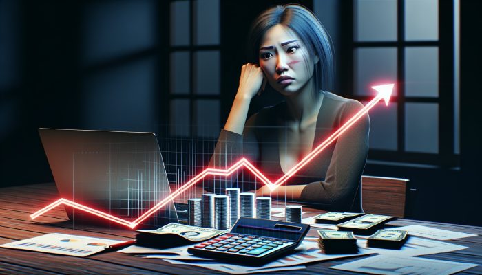 Person looking worried at financial documents and laptop showing increasing debt graph in dimly lit room.