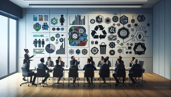 UK conference room with experts discussing advanced disposal strategies, using charts and graphs.