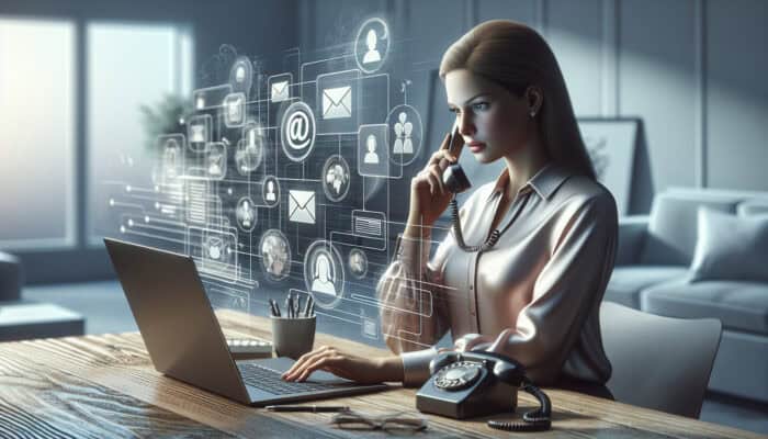 Professional virtual assistant in a modern home office, focused on laptop displaying emails and calendars while handling a phone call.