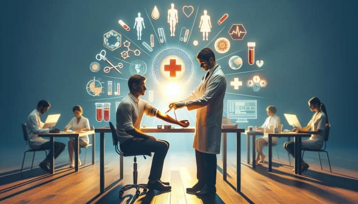 Vitamin D Blood Test In Havant: In a sunlit UK clinic, a doctor draws blood for a vitamin D test amid charts of healthy bones and prevention icons.