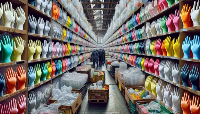 Polythene Gloves In Hull: In a bustling Hull market, shelves display various transparent and coloured polythene gloves for food, medical, and industrial use.