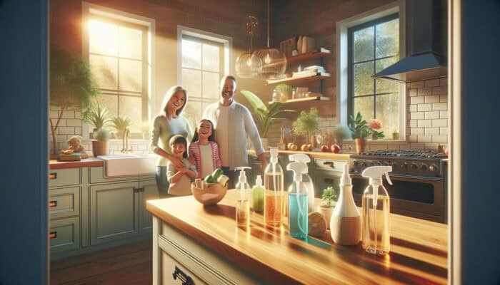 A cheerful UK family in a bright kitchen with eco-friendly cleaning products, plants, and sunlight, symbolizing health and savings.
