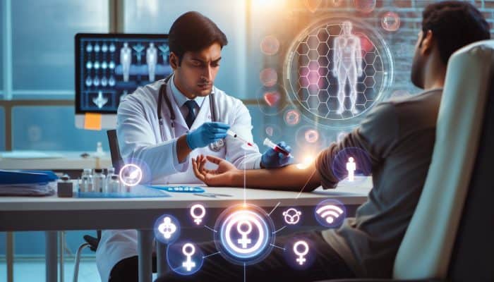 A focused doctor draws blood from a patient's arm during a testosterone blood test in a modern NHS clinic, surrounded by lab equipment and hormone charts.