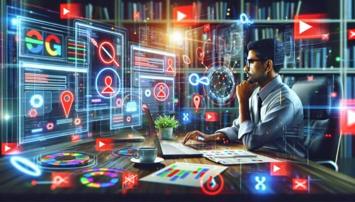 An SEO expert in a high-tech office analysing data dashboards on multiple screens, highlighting issues with red flags and icons amid charts.