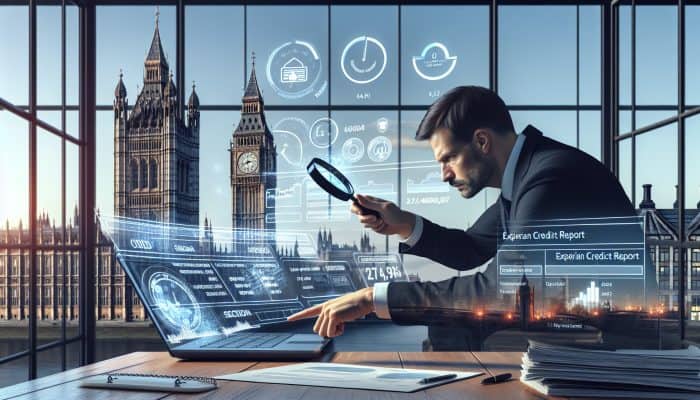 A determined individual in a modern London office reviews an Experian credit report on a laptop, using a magnifying glass with Big Ben in the window.