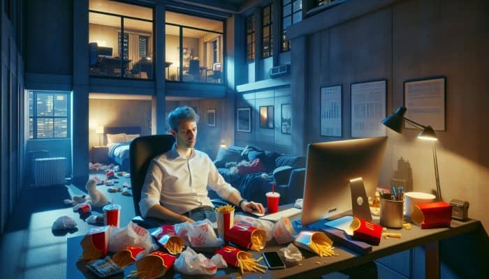 Understanding Hormone-Related Weight Issues: Stressed UK professional in a cluttered London office surrounded by fast food wrappers, illuminated computer screens, and dim living space, signifying hormone imbalances.