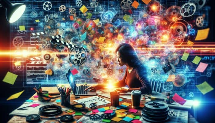 Filmmaker at cluttered desk reviews storyboards on laptop, surrounded by film reels, sticky notes, and coffee cups in creative atmosphere.