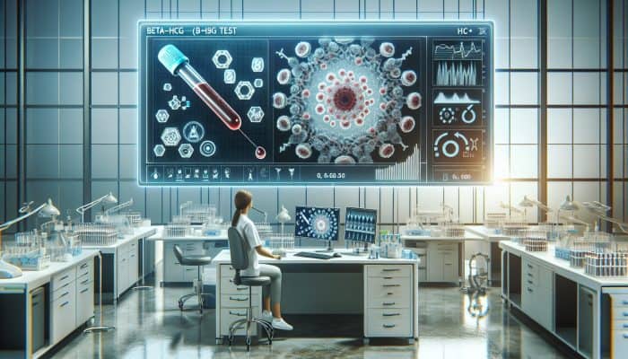 Depiction of the Beta-HCG test: HCG molecule interacting with antibodies in blood, technician analysing results on a digital screen in a contemporary laboratory.