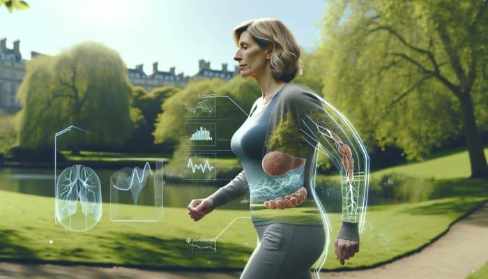 A middle-aged British woman in perimenopause, showing weight gain and muscle loss in a serene UK park, symbolizing resilience and health awareness.