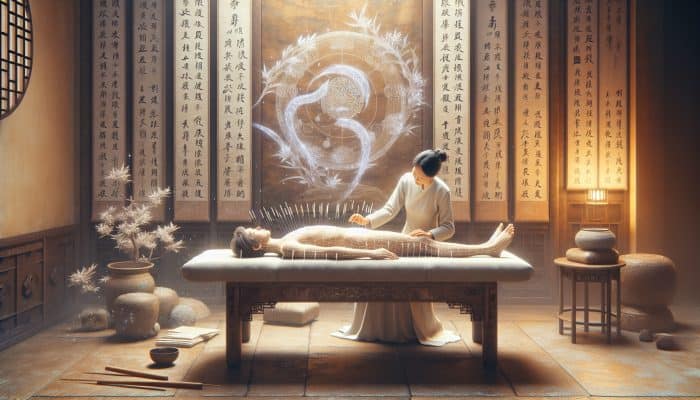 A patient receiving acupuncture in a serene East Asian setting with traditional scrolls.
