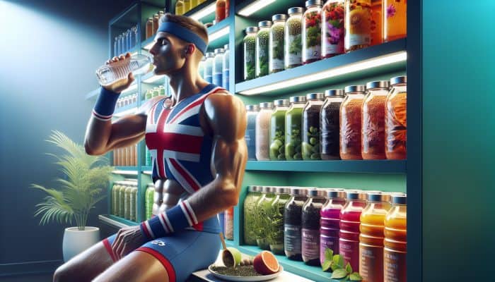 UK athlete drinking water, surrounded by herbal teas and electrolyte drinks, highlighting the significance of hydration in performance.