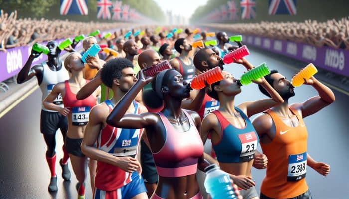 UK athletes consuming vibrant sports drinks to replenish electrolytes during a marathon, boosting performance and preventing cramps.