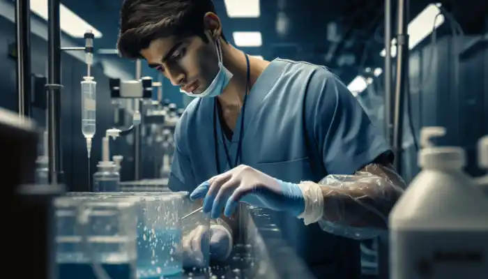 When to Avoid Vinyl Gloves and Choose Higher Protection?: Worker in dimly lit UK NHS ward wearing tearing vinyl gloves while handling hazardous chemicals, with splattering droplets and background machinery.