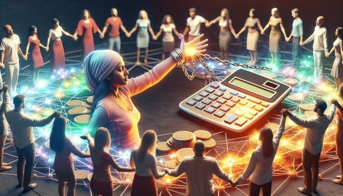 Debt Consolidation Loans vs Peer-to-Peer Lending | DCL A relieved person breaks free from tangled debt chains, with a glowing calculator showing lower payments, and a vibrant peer-to-peer lending network.