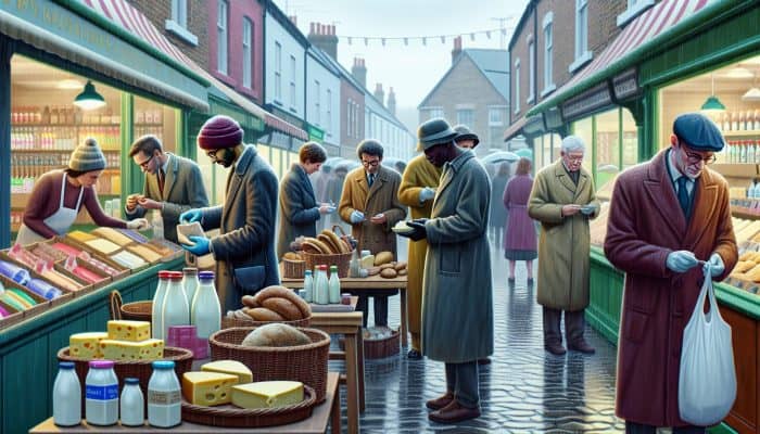 Can Food Intolerances Cause Fatigue Bloating or Skin Issues?: Multicultural individuals in a rainy British market scrutinising labels on dairy products and bread, exhibiting mild discomfort from food intolerances.