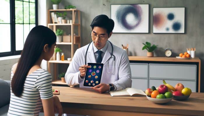 Dietitian consulting patient on a tailored meal plan via tablet in a UK clinic, surrounded by fresh fruits, vegetables, and NHS educational materials.