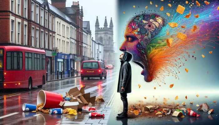 A fatigued individual in a rainy Cardiff street, surrounded by fast food wrappers and urban stress, contrasted with vitality after eliminating gluten from their diet.