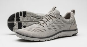 A pair of light gray Xero Shoes with mesh uppers, black and white rubber soles, and the brand name on the side. One shoe stands upright; the other lies on its side, highlighting the tread pattern designed for all-day comfort.