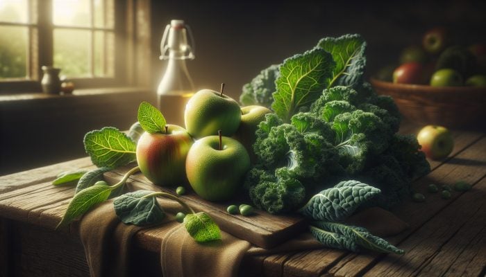 Nutrition For Better Sleep: Fresh British apples and lush green kale on a rustic wooden table in a softly lit kitchen, symbolising sleep-promoting nutrients.