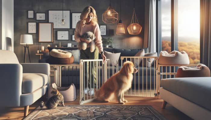 Cozy living room with homeowner installing safety gates, arranging pet beds and toys, as cat and dog play in warm natural light.