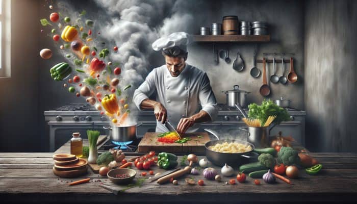 A chef in a vibrant kitchen demonstrates basic techniques: chopping colorful vegetables, boiling pasta, and frying ingredients.