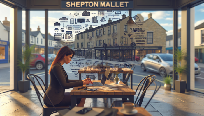 A determined small business owner in Shepton Mallet tests website redesigns on laptops and smartphones for mobile compatibility in a bustling office environment.